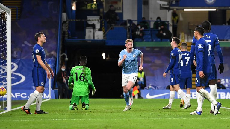 Kevin De Bruyne wheels away after scoring City's third