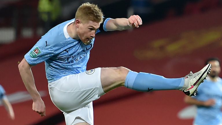 Kevin De Bruyne fires a first-half shot off the post