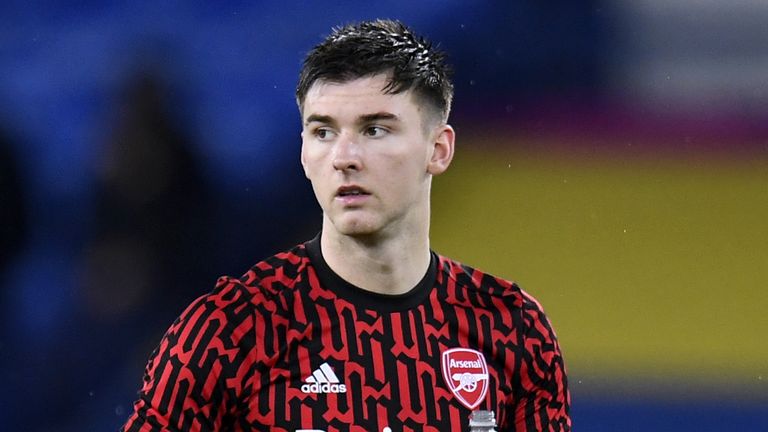 Arsenal's Kieran Tierney warms up on the pitch prior to the beginning of the Premier League match at Goodison Park, Liverpool.