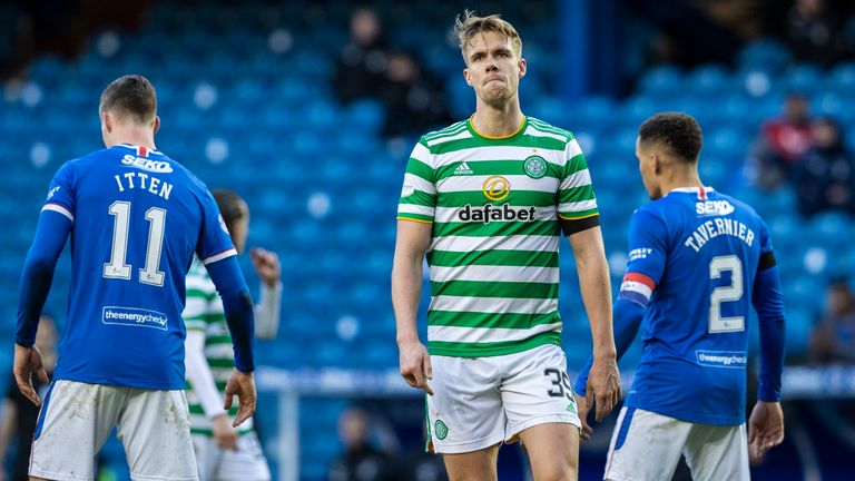 Celtic's Kristoffer Ajer is left dejected during a Scottish Premiership match between Rangers and Celtic at Ibrox Stadium, on January 02, 2021, in Glasgow, Scotland (Photo by Alan Harvey / SNS Group)