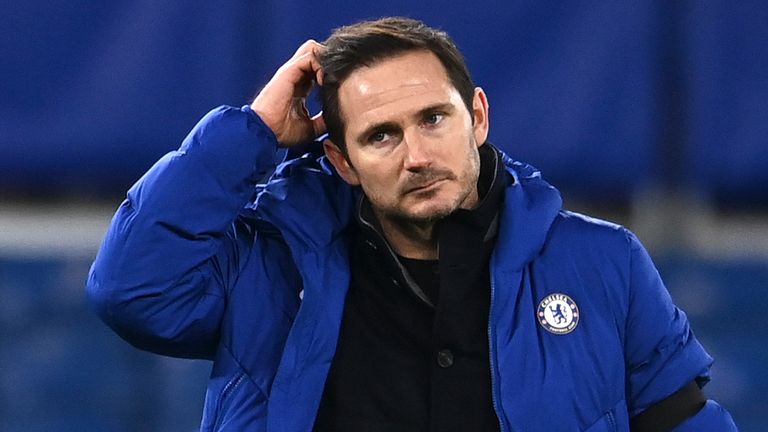 Chelsea&#39;s head coach Frank Lampard scratches his head after the English Premier League soccer match between Chelsea and Manchester City at Stamford Bridge, London, England, Sunday, Jan. 3, 2021. City won the match 3-1. (Andy Rain/Pool via AP)