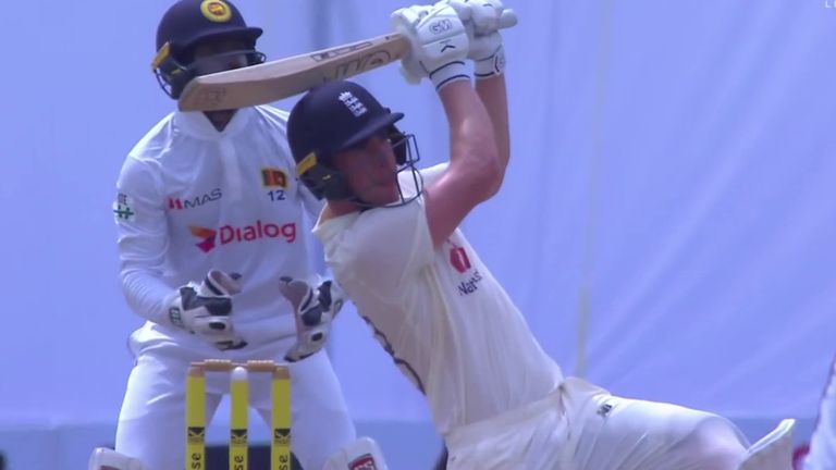 Dan Lawrence hits a six in his debut innings for England in Sri Lanka.
