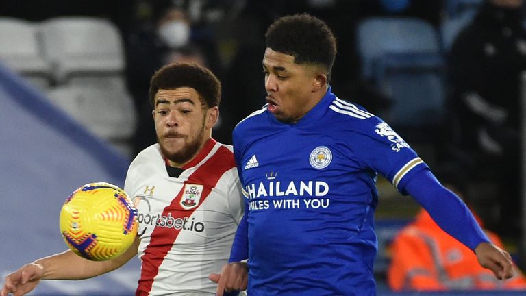 Wesley Fofana battles with Che Adams during the Premier League clash