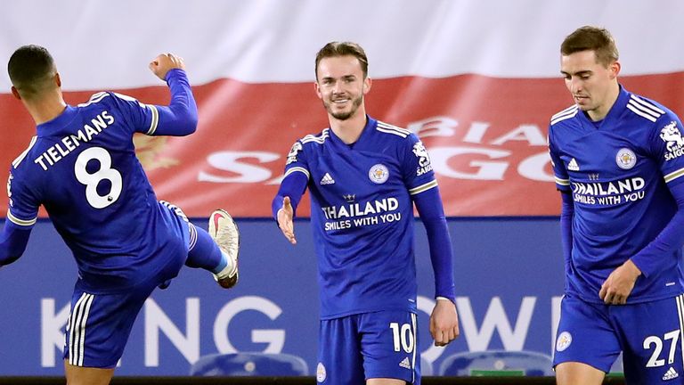James Maddison celebrates his opening goal but socially distanced
