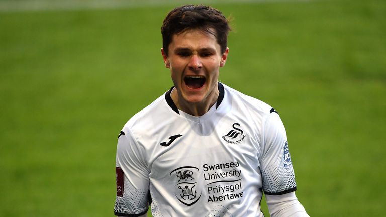 Swansea City's Liam Cullen celebrates scoring against Nottingham Forest in the FA Cup