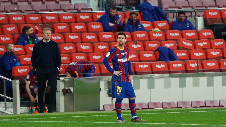 Barcelona are struggling this season under Ronald Koeman but the club's presidential elections are likely to have a big bearing on Lionel Messi's future. Pic: AP