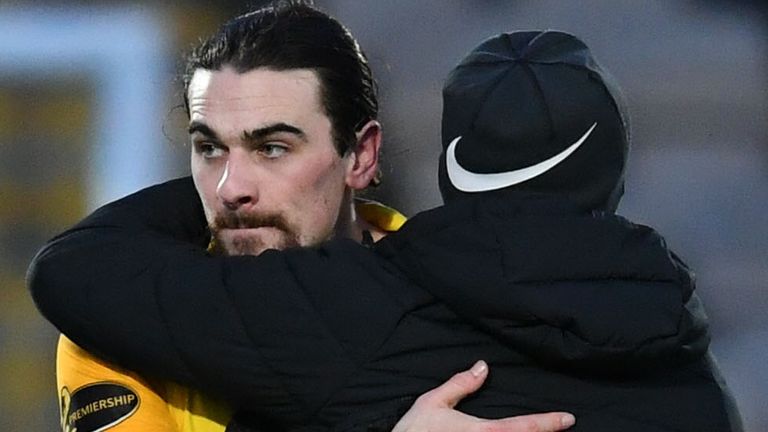 LIVINGSTON, SCOTLAND - JANUARY 30: Livingston's Ciaron Brown (L) with manager David Martindale at full time during a Scottish Premiership match between Livingston and Aberdeen at the Tony Macaroni Arena, on January 30, 2021, in Livingston, Scotland. (Photo by Craig Foy / SNS Group)