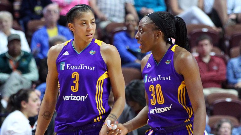 Los Angeles Sparks forwards Candace Parker and Nneka during a game against the Connecticut Sun