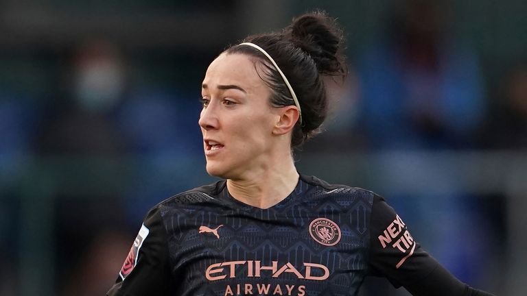 Lucy Bronze of Manchester City Women during the FA WSL soccer match between Everton Ladies and Manchester City Women at Walton Hall Park Stadium, Liverpool, England, Sunday Dec. 6, 2020. (AP Photo/Jon Super)
