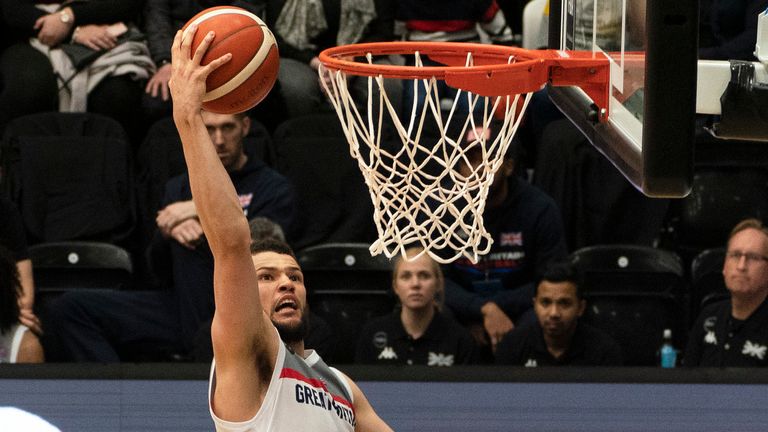 Great Britain's Luke Nelson scores during the FIBA 2021 Eurobasket, Group G Qualifier at the Eagles Community Arena, Newcastle.