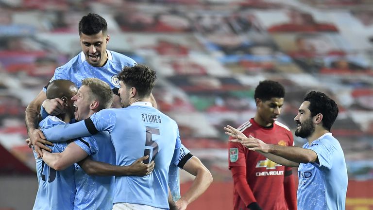 Manchester City celebrate their second goal scored by Fernandinho