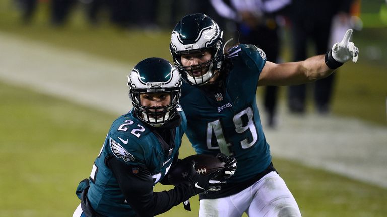 AP - Philadelphia Eagles&#39; Marcus Epps (22) celebrates with Alex Singleton (49) after intercepting a pass during the second half of an NFL football game against the Washington Football Team