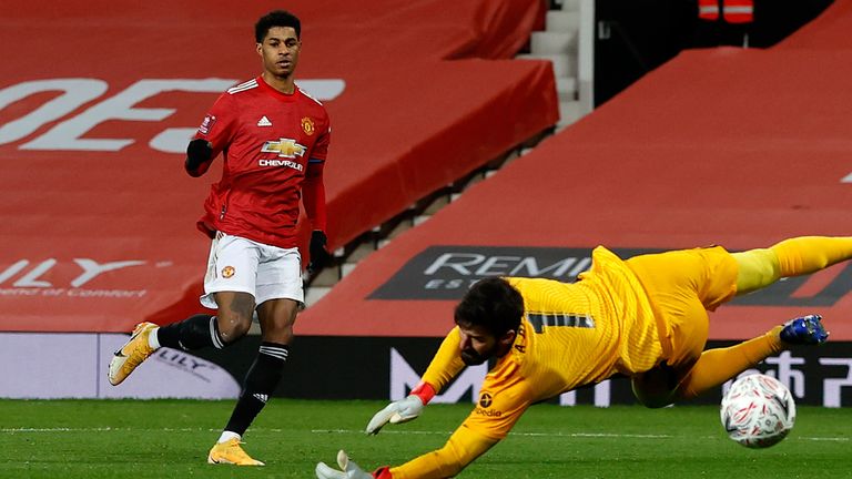 Marcus Rashford scores to put Manchester United 2-1 ahead in their FA Cup tie with Liverpool 