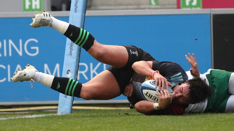 Harlequins' Marcus Smith scores his side's first try of the match during the Gallagher Premiership match at Twickenham Stoop, London.