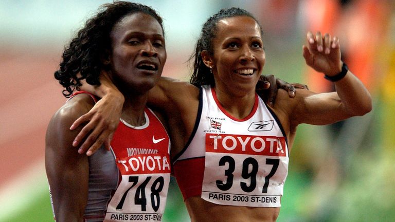 Training partners Maria Mutola (748) and Kelly Holmes (397) finished first and second in the 800 meters in the IAAF World Championships in Athletics at Stade de France on Tuesday, Aug. 26, 2003. (Kirby Lee via AP)