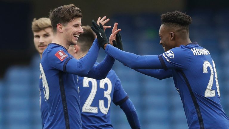 Mason Mount celebrates with Callum Hudson-Odoi after scoring Chelsea's opening goal against Morecambe  - AP Photo/Matt Dunham