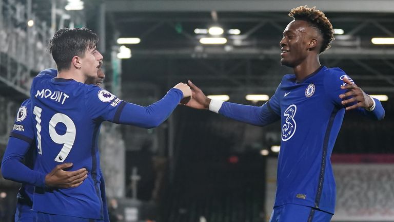 Mason Mount celebrates after giving Chelsea the lead at Fulham