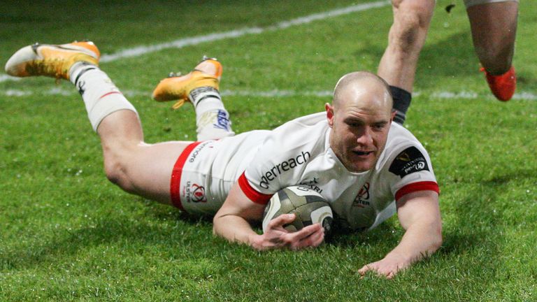 2 January 2021; Matt Faddes of Ulster scores his side's first try during the Guinness PRO14 match between Ulster and Munster at Kingspan Stadium in Belfast. Photo by John Dickson/Sportsfile