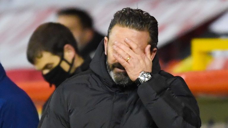 Aberdeen Manager Derek McInnes looks dejected during a Scottish Premiership match between Aberdeen and Dundee United 