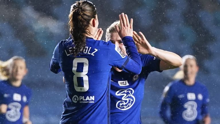 Chelsea's Melanie Leupolz (left) celebrates scoring her side's first goal of the game during the FA Continental Tyres League Cup quarter-final match at Academy Stadium, Manchester. Picture date: Wednesday January 20, 2021.