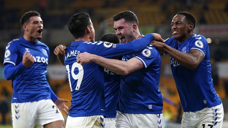 Michael Keane celebrates his goal against Wolves earlier this month
