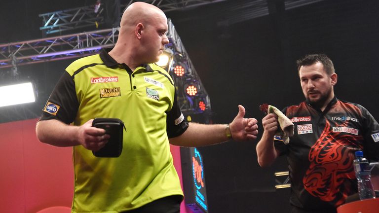 Ladbrokes Masters 2021.Marshall Arena 29/01/21.Pic: Christopher Dean/PDC.07930 364436 dean_christopher3@sky.com.Round 2.Michael Van Gerwen v Jonny Clayton