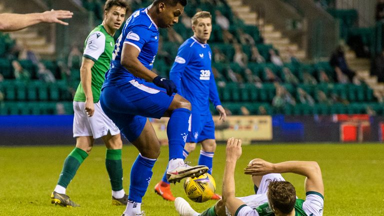 Rangers' Alfredo Morelos appears to stand on Hibernian's Ryan Porteous 