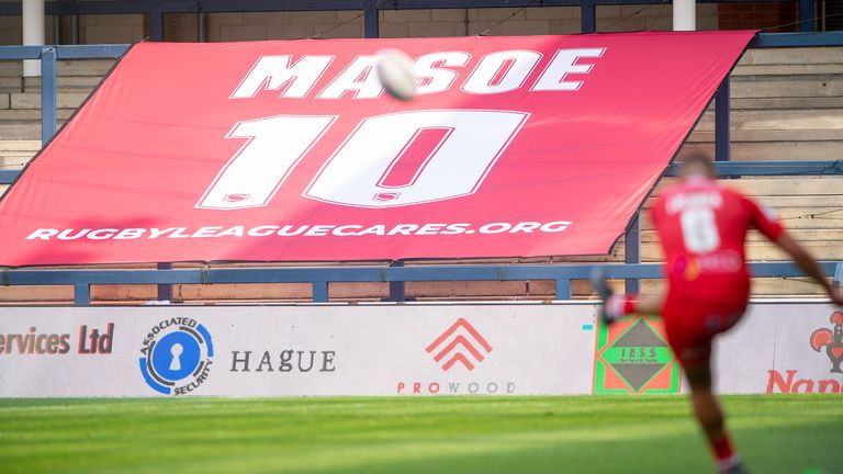 Picture by Allan McKenzie/SWpix.com - 09/08/2020 - Rugby League - Betfred Super League - Salford Red Devils v Hull FC - Emerald Headingley Stadium, Leeds, England - Tui Lolohea kicks a conversion, Mose Masoe, Rugby League Cares, flag.