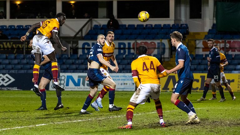 DINGWALL, SCOTLAND - JANUARY 27: Bevis Mugabi scores to make it 2-1 Motherwell during a Scottish Premiership match between Ross County and Motherwell at The Global Energy Arena on January 27, 2021, in Dingwall, Scotland. (Photo by Alan Harvey / SNS Group)