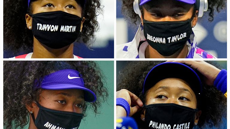 Naomi Osaka, of Japan, wears face masks bearing the names of Black victims of police violence and racial profiling during the U.S. Open tennis tournament in New York Osaka has been selected by The Associated Press as the Female Athlete of the Year.
