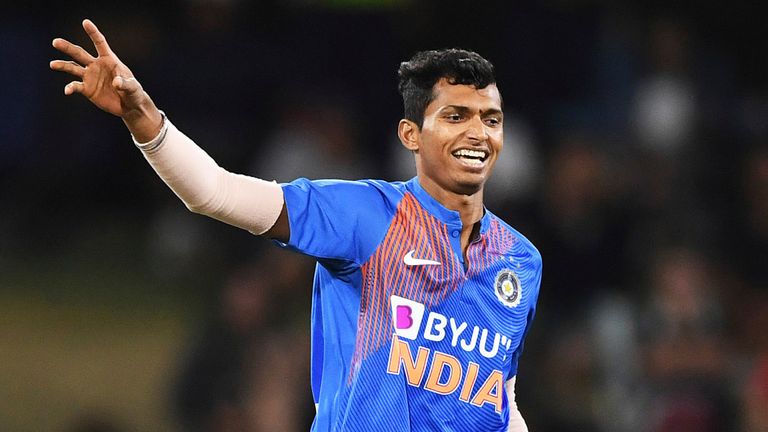 India's Navdeep Saini celebrates the wicket of Taylor during the Twenty/20 cricket international between India and New Zealand at Bay Oval in Mt Maunganui, New Zealand, Sunday, Feb. 2, 2020. (Andrew Cornaga/Photosport via AP)