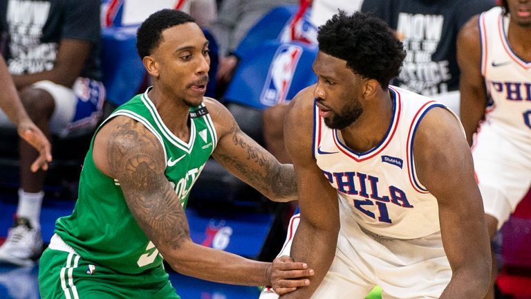 Philadelphia 76ers center Joel Embiid, right, in action against Boston Celtics guard Jeff Teague, left, during the second half of an NBA basketball game, Wednesday, Jan. 20, 2021, in Philadelphia. The 76ers won 117-109.