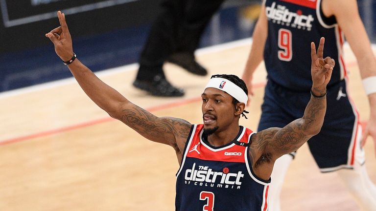 Washington Wizards guard Bradley Beal (3) gestures during the second half of an NBA basketball game against the Phoenix Suns, Monday, Jan. 11, 2021, in Washington.