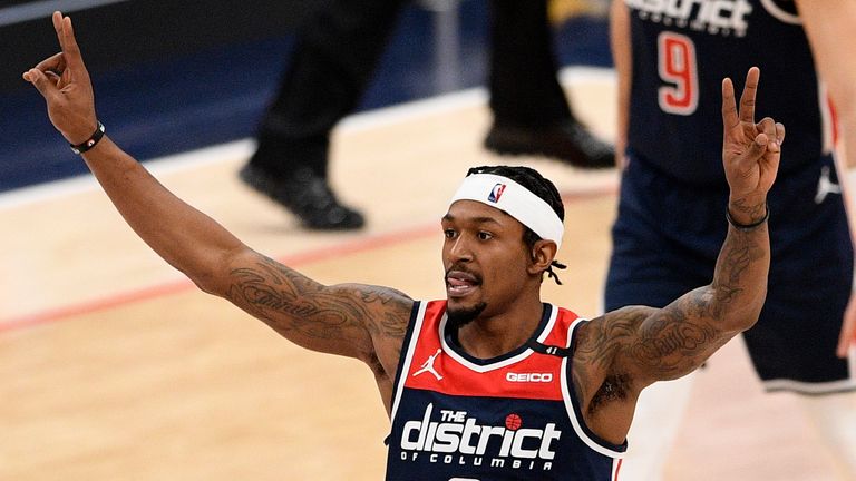 Washington Wizards guard Bradley Beal (3) gestures during the second half of an NBA basketball game against the Phoenix Suns, Monday, Jan. 11, 2021, in Washington.