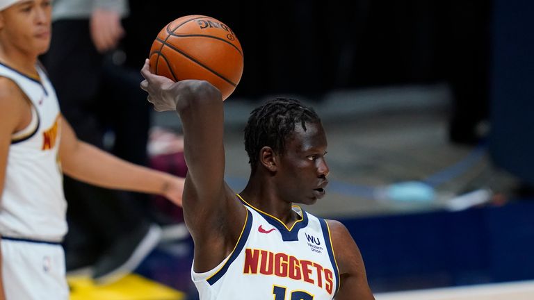 Denver Nuggets center Bol Bol (10) in the second half of an NBA basketball game Monday, Dec. 28, 2020, in Denver. The Nuggets won 124-111.