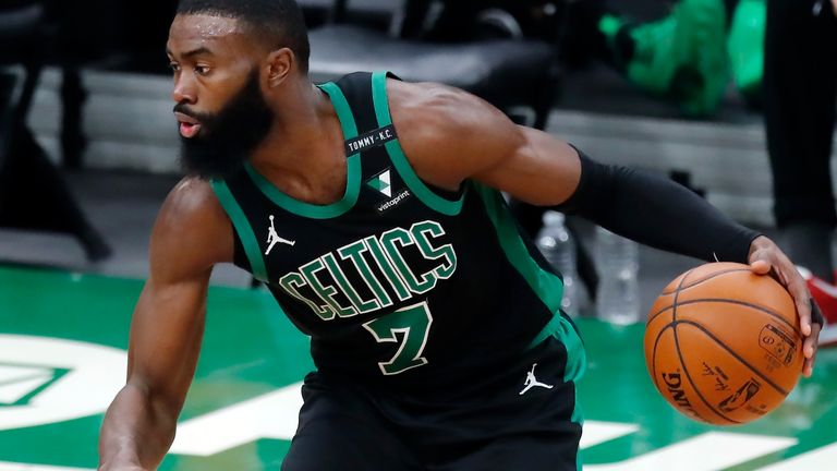 Boston Celtics&#39; Jaylen Brown plays against the Cleveland Cavaliers during the first half of an NBA basketball game, Sunday, Jan. 24, 2021, in Boston.