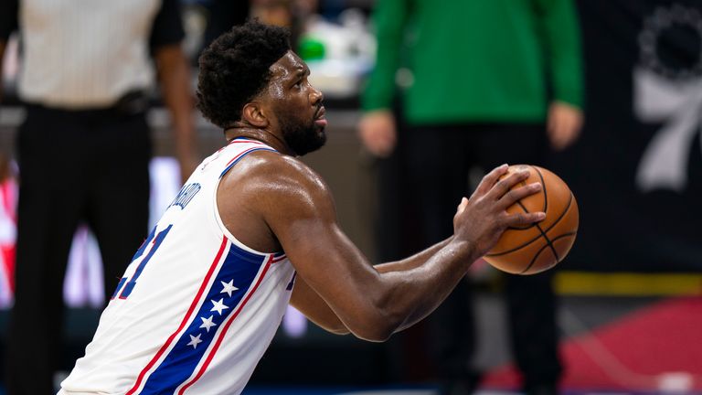 Philadelphia 76ers center Joel Embiid with the free throw attempt during the first half of an NBA basketball game against the Boston Celtics, Wednesday, Jan. 20, 2021, in Philadelphia. The 76ers won 117-109.