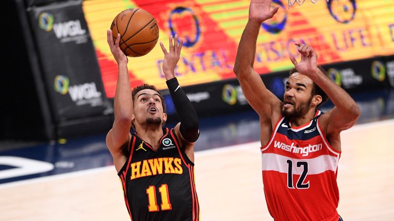 Atlanta Hawks guard Trae Young (11) goes to the basket against Washington Wizards guard Jerome Robinson (12) during the first half of an NBA basketball game, Friday, Jan. 29, 2021, in Washington. (AP Photo/Nick Wass)



