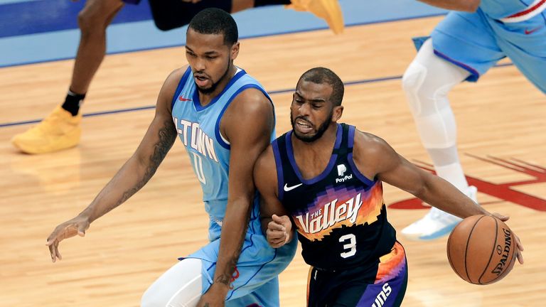 Phoenix Suns guard Chris Paul (3) collides with Houston Rockets guard Sterling Brown during the second half of an NBA basketball game Wednesday, Jan. 20, 2021, in Houston.