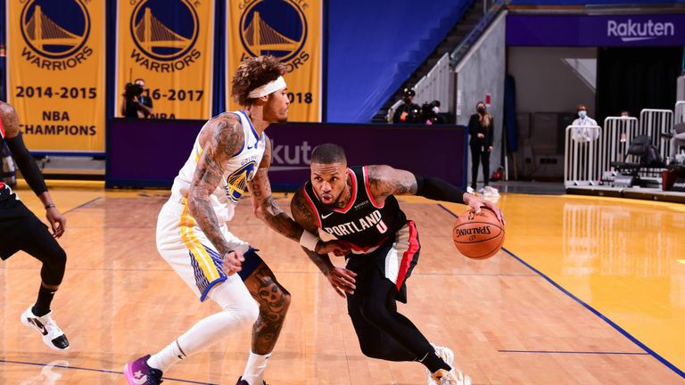 Damian Lillard #0 of the Portland Trail Blazers dribbles during the game against the Golden State Warriors