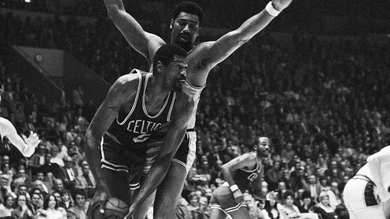 Wilt Chamberlain guards Bill Russell during the first game of the  1969 finals (AP Photo/HPM)