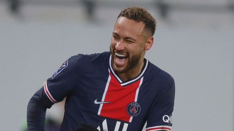 PSG's Neymar celebrates after scoring his side's second goal during the Champions Trophy soccer match between Paris Saint-Germain and Olympique Marseille at the Bollaert stadium in Lens, northern France, Wednesday, Jan.13, 2021. (AP Photo/Christophe Ena)