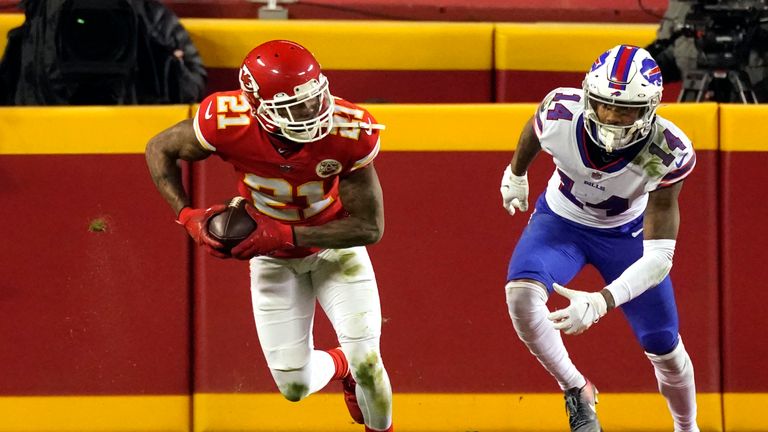 Kansas City Chiefs cornerback Bashaud Breeland (21) runs from Buffalo Bills wide receiver Stefon Diggs (14) after intercepting a 2-point conversion pass during the second half of the AFC championship NFL football game, Sunday, Jan. 24, 2021, in Kansas City, Mo. (AP Photo/Charlie Riedel)



