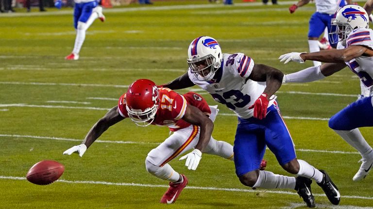 Kansas City Chiefs wide receiver Mecole Hardman (17) fumbles a punt in front of Buffalo Bills cornerback Siran Neal (33) during the first half of the AFC championship NFL football game, Sunday, Jan. 24, 2021, in Kansas City, Mo. Buffalo recovered the fumble. (AP Photo/Jeff Roberson)


