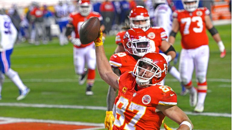 Kansas City Chiefs tight end Travis Kelce celebrates after catching a 5-yard touchdown pass during the second half of the AFC championship NFL football game against the Buffalo Bills, Sunday, Jan. 24, 2021, in Kansas City, Mo. (AP Photo/Reed Hoffmann)



