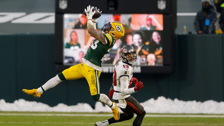 Green Bay Packers&#39; Jaire Alexander (23) celebrates after intercepting a pass intended for Tampa Bay Buccaneers&#39; Mike Evans during the second half of the NFC championship NFL football game in Green Bay, Wis., Sunday, Jan. 24, 2021. (AP Photo/Jeffrey Phelps)


