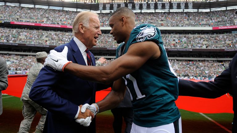 Philadelphia Eagles wide receiver Jordan Matthews, right, meets with Vice President Joe Biden before an NFL football game against the Cleveland Browns, Sunday, Sept. 11, 2016, in Philadelphia