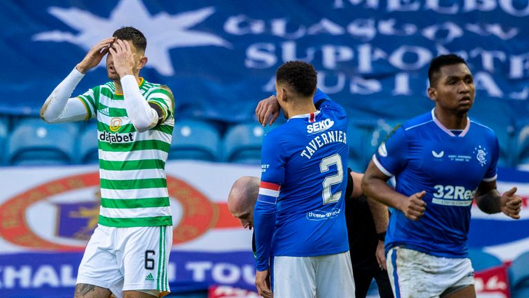 Nir Bitton is sent off for a foul on Alfredo Morelos in the second half