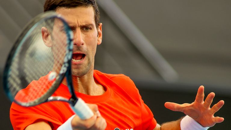 Serbia's Novak Djokovic plays a forehand return during an exhibition tennis event in Adelaide, Australia, Friday, Jan 29. 2021. (Kelly Barnes/AAP Image via AP)                                                                                      
