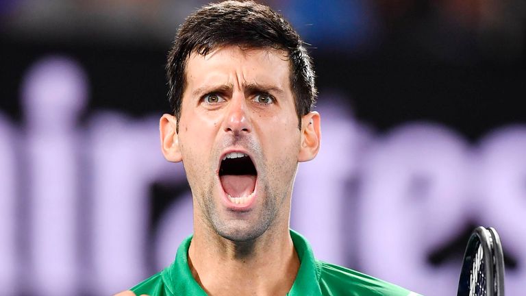Novak Djokovic of Serbia reacts after winning a point in the Australian Open tennis final against Novak Djokovic of Serbia on Feb. 2, 2020, in Melbourne.
